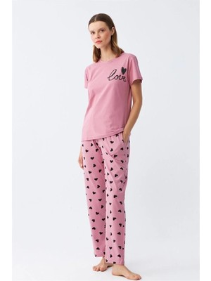 Hobilinka Kadın Somon Kalp Desenli Kısa Kollu Penye Pijama Takımı