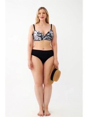 Hobilinka Kadın Papatya Desenli Gri Büyük Beden Bikini Takımı