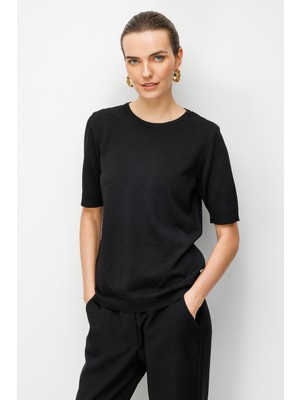 Desen Triko Kadın Sıfır Yaka Desenli Ince Triko Bluz Siyah