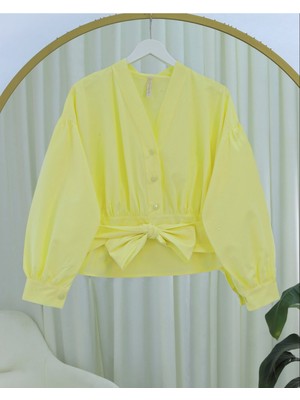 Modamorfo Yarım Düğmeli Beli Kuşaklı Poplin Gömlek -Açık Sarı