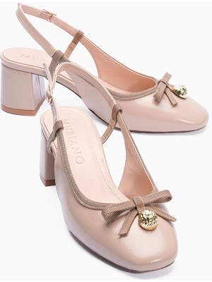 Mubiano Kadın Topuklu Ayakkabı Fiyonklu Gold Detaylı Arkası Açık Olina Bej