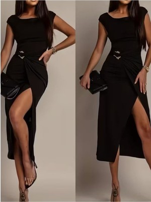 Stelol Kadın Kısa Kollu Geometrik Yakalı Önden Açık Modal Mini Elbise