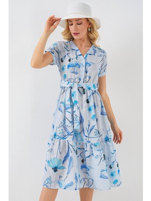 Stelol Desenli Kısa Kol Elbise 2558 - Mavi