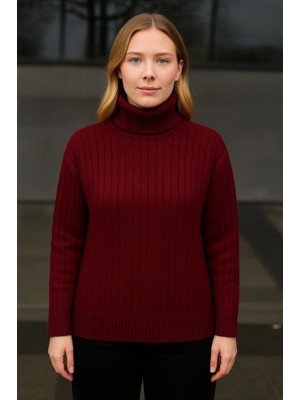 Deridün Yıldız Shoes Balıkcı Yaka Bağazlı Triko Kazak Pamuklu Kalın Fitilli Dokuma - Bordo