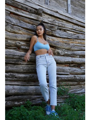 Dilvin Mavi V Yaka Ip Askılı Crop