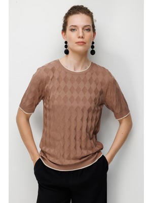 Desen Triko Kadın Sıfır Yaka Baklava Desenli Ince Triko Bluz Moka