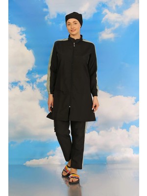 Hobilinka Kadın Pantolonlu Kolu Şeritli Tam Tesettür Mayo Siyah
