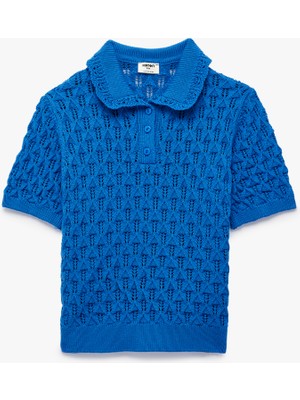 Koton Kısa Kollu Gömlek Yaka Ajurlu Triko Kazak Kız Çocuk Desenli Mavi