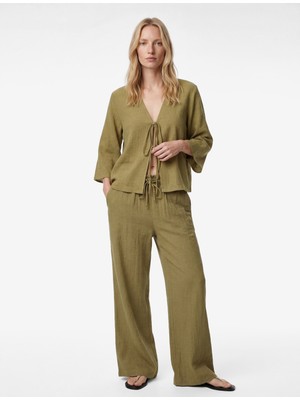 Koton Keten Karışımlı Uzun Geniş Kollu Önden Bağlamalı Fiyonk Detaylı Kısa Kimono Bluz