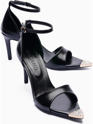 Mubiano Kadın Stiletto Sivri Burun Taş Detaylı Baretli Topuklu Ayakkabı Zafira Siyah