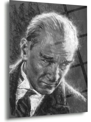 Shiny Art Atatürk Siyah Beyaz Karakalem Portre Cam Tablo – ATA144