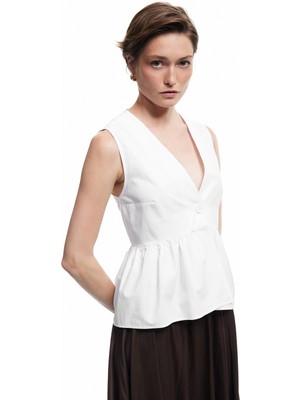 Koton Pamuklu Düğme Detaylı V Yaka Oversize Poplin Kolsuz Bluz