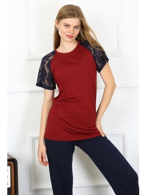 Hobilinka Kadın Kolu Dantelli Penye Pijama Takım Bordo