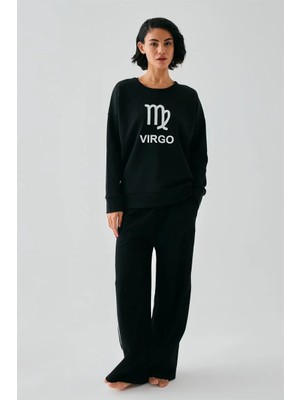 Hobilinka Kadın Siyah Başak Burcu Oversize 2 Iplik Eşofman Ev Giyim Takımı