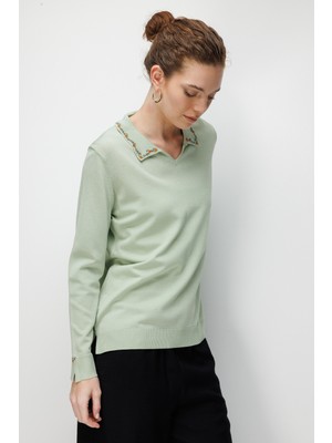 Desen Triko Kadın Polo Yaka Nakışlı Ince Triko Bluz S.yeşili