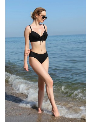 Hobilinka Kadın Içi Boş Fiyonklu Kaplı Siyah Alt Üst Bikini Takım