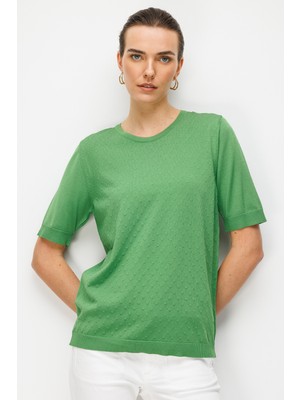 Desen Triko Kadın Sıfır Yaka Desenli Ince Triko Bluz Yosun