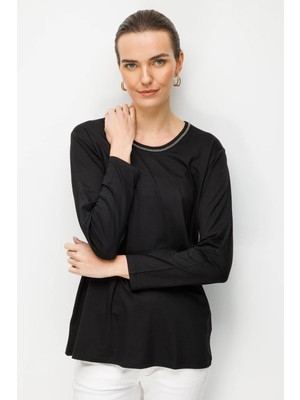Desen Triko Kadın Sıfır Yaka Yaka Kenarı Zincirli Penye Bluz Siyah