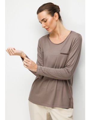 Desen Triko Kadın Sıfır Yaka Cebi Saten Şeritli Penye Bluz Vizon