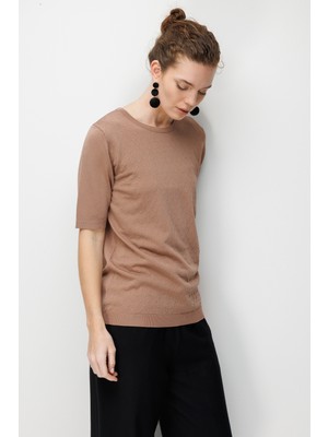 Desen Triko Kadın Sıfır Yaka Desenli Ince Triko Bluz Moka