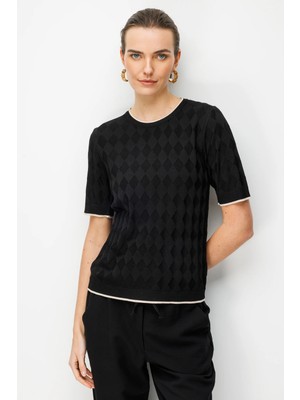 Desen Triko Kadın Sıfır Yaka Baklava Desenli Ince Triko Bluz Siyah