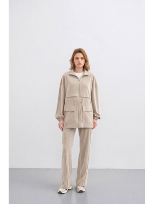 Basic Park Bej Kadın Bel Lastik Detaylı Cepli Fermuar Kapamalı Oversize Modal Alt Üst Takım