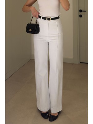 Magarde Önü Nevürlü Kemerli Jean- Beyaz