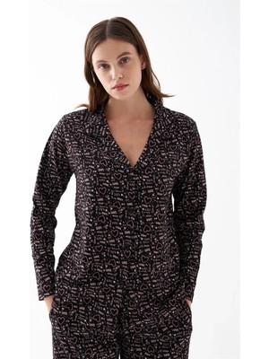 Hobilinka Kadın Siyah Düğmeli Kalp Desenli Pamuklu Pijama Takımı