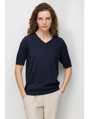 Desen Triko Kadın V Yaka Ajurlu Kısa Kollu Ince Triko Bluz K.lacivert