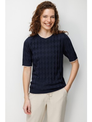 Desen Triko Kadın Sıfır Yaka Baklava Desenli Ince Triko Bluz K.lacivert