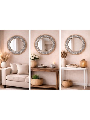 Mihres El Yapımı Gümüş Taşlı Dekoratif Duvar Aynası Modern Yuvarlak Salon Antre Aynası