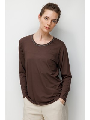 Desen Triko Kadın Sıfır Yaka Yaka Kenarı Zincirli Penye Bluz K.kahve