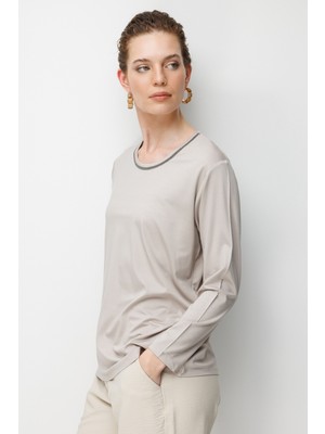 Desen Triko Kadın Sıfır Yaka Yaka Kenarı Zincirli Penye Bluz Bej