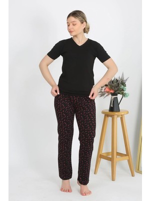 Hobilinka Kadın Kısa Kol Pamuk Penye Pijama Takım Siyah