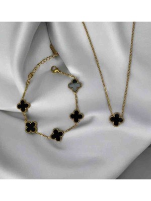 Güneş Takı Gold Siyah Van Clf Yonca Çelik Kolye Bileklik Set