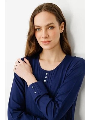 Desen Triko Kadın Sıfır Yaka Uzun Kollu Penye Bluz Lacivert
