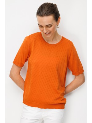 Desen Triko Kadın Sıfır Yaka Verev Çizgili Yanı Düğmeli Ince Triko Bluz Oranj