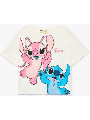 Koton Lisanslı Stitch Baskılı Kısa Kollu Bisiklet Yaka Pamuklu Tişört