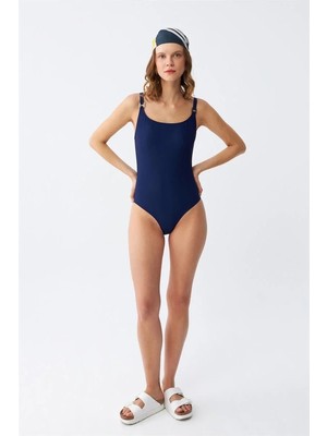 Hobilinka Kadın Lacivert Metal Aksesuarlı Ince Askılı Tek Parça Mayo