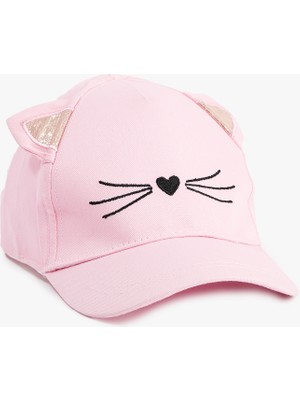 Koton Kedi Temalı Kulak Detaylı Işlemeli Pamuklu Kap Şapka