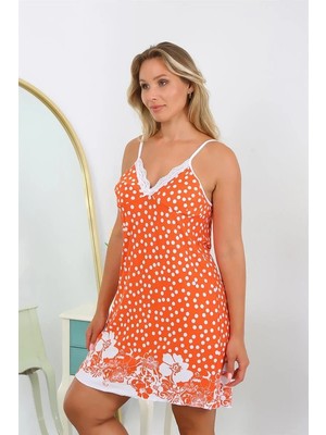 Hobilinka Kadın Pamuk Büyük Beden Ip Askılı Desenli Gecelik Turuncu