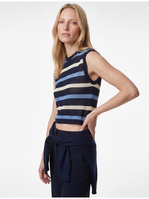 Koton Pamuklu Bisiklet Yaka Kroşe Kolsuz Çizgili Tişört