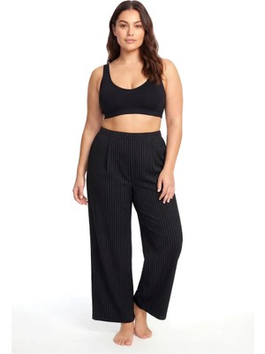Hobilinka Kadın Siyah Ince Çizgili Büyük Beden Cepli Pijama Altı