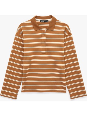 Koton Pamuklu Uzun Kollu Düğmeli Polo Yaka Çizgili Oversize Sweatshirt