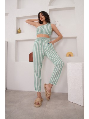Cream&Rouge Yeşil Çizgili Keten Pantolon