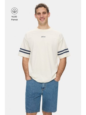 Ucla Ruct Beyaz Bisiklet Yaka Baskılı %100 Pamuk Oversize Erkek Tshirt