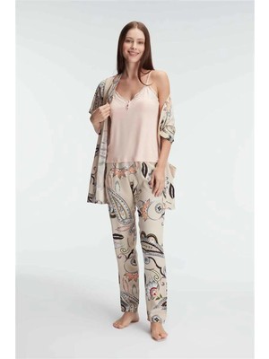 Hobilinka  Ip Askılı V Yaka Viskon Çiçek Desenli Yazlık Dantel Detaylı Pijama Sabahlık Takımı