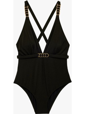 Koton Derin V Yaka Aksesuarlı Kemerli Mayo