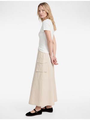 Koton Pamuklu Kargo Cepli Beli Bağcıklı Kloş Poplin Etek