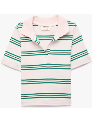 Koton Pamuklu Slim Fit Kısa Kollu Crop Polo Yaka Çizgili Tişört